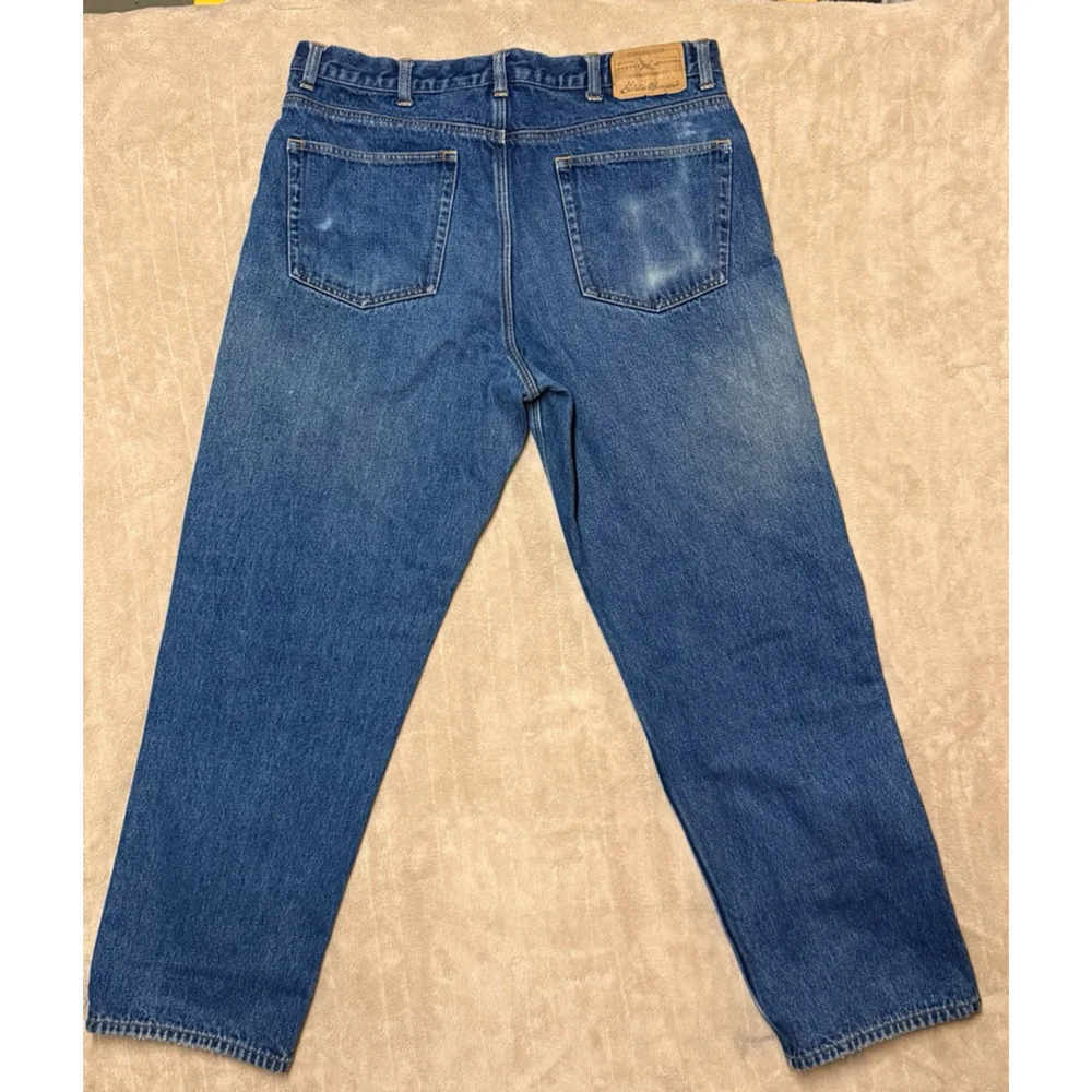 Men's Eddie Bauer Straight Jeans 38x32 Blue with Red Plaid Lining